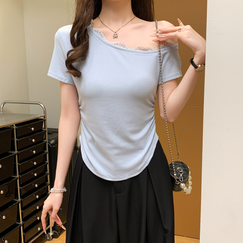 MY10282# 设计感斜肩蕾丝边短袖t恤女修身显瘦小衫不规则短款上衣女裝貨源服裝批發