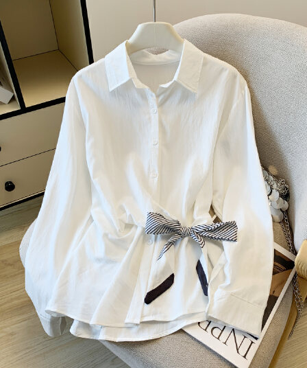 실사 가을 새로운 허리 수축 슬림해 보이는 디자인 센스 작은 대중 빛 요리 한 스카프 패션 Chic 긴팔 셔츠