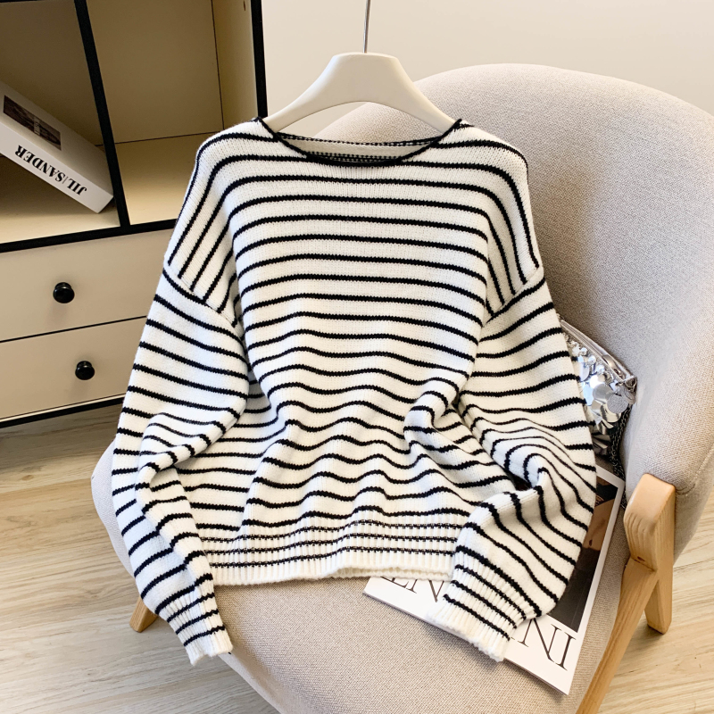 MY14254# 韩系宽松设计感小众条纹收腰显瘦针织衫套头毛衣上衣女裝貨源...