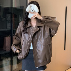 批发实拍 复古美式皮衣夹克外套女甜酷风机车PU皮宽松长袖上衣