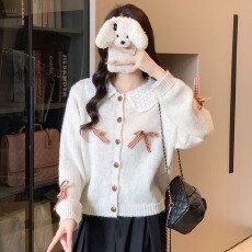 批发实拍秋季新款小个子短款针织外套<b class='q'>蕾丝</b>花边长袖上衣毛衣开衫女