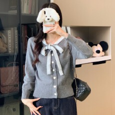 批发实拍 小香风长袖蝴蝶结领口针织开衫女设计感别致<b class='q'>短</b>款上衣