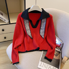 批发实拍 设计感小众撞色<b class='q'>V领</b>丝巾加厚针织套头毛衣女上衣