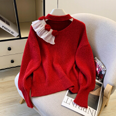 批发实拍橘色法式<b class='q'>立体</b><b class='q'>花朵</b>拼接镂空挂脖蝙蝠袖设计感小众秋冬套头毛衣