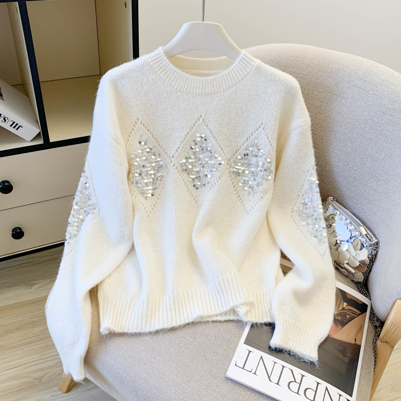 MY15302# 慵懒风亮片宽松套头毛衣秋冬新款高级感含羊毛针织衫女女裝貨源服裝批發