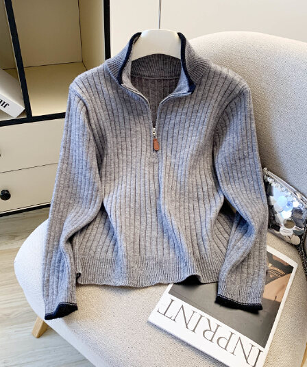 실사 POLO 칼라 지퍼 미니멀리즘 관대 한 한국 스타일 두꺼운 풀오버 구덩이 기사 스웨터 여성 셔츠 배색 니트 스웨터