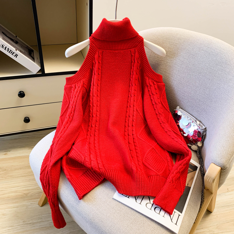 MY16765# 设计感小众洋气时尚露肩高领加厚毛衣女宽松针织衫套头上衣女...