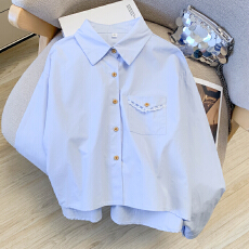 批发实拍  春季新款纯棉蕾丝设计感洋气休闲百搭蓝色长袖<b class='q'>衬衫</b>女上衣