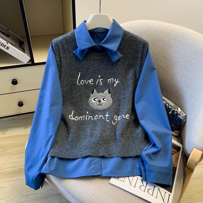 MY16759# 新款学院风小猫刺绣设计感小众洋气衬衫+马甲两件套女女裝貨...