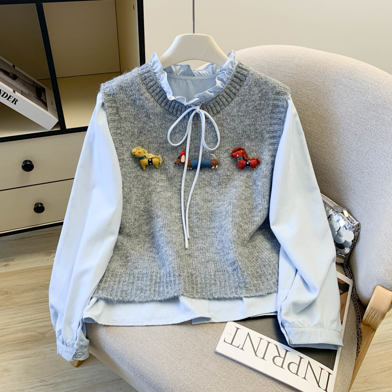 MY17104# 新款学院风蝴蝶结立体小马小狗装饰衬衫马甲两件套套装女裝貨...