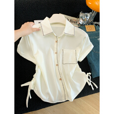 批发实拍 夏季新款简约休闲百搭双抽绳短袖衬衫女上衣宽松
