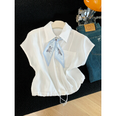 批发实拍 夏季新款韩版丝巾领带无袖衬衫女上衣<b class='q'>设计</b>感小众高端洋气