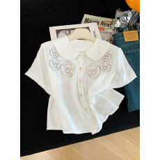 批发实拍 设计感小众刺绣学院风短款纯棉<b class='q'>娃娃领</b>短袖<b class='q'>衬衫</b>女上衣