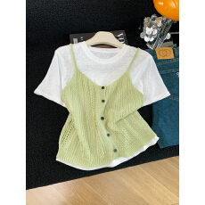 批发实拍 洋气<b class='q'>时尚</b>百搭针织吊带T恤两件套上衣<b class='q'>休闲</b>