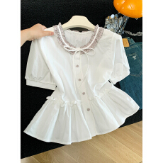 批发实拍 夏季撞色领设计感小众小心机<b class='q'>甜美</b>蝴蝶结学院风短袖衬衫女