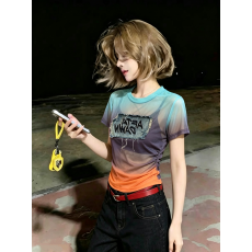 批发大货 夏季新款撞色潮流拼接短袖网纱短袖T恤女上衣透气<b class='q'>欧美风</b>时尚