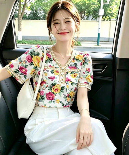 대 물품 여름 새로운 V넥 품격 달콤함 외국 가스 꽃무늬 반팔 쉬폰 블라우스 여성 셔츠 한 팬 셔츠