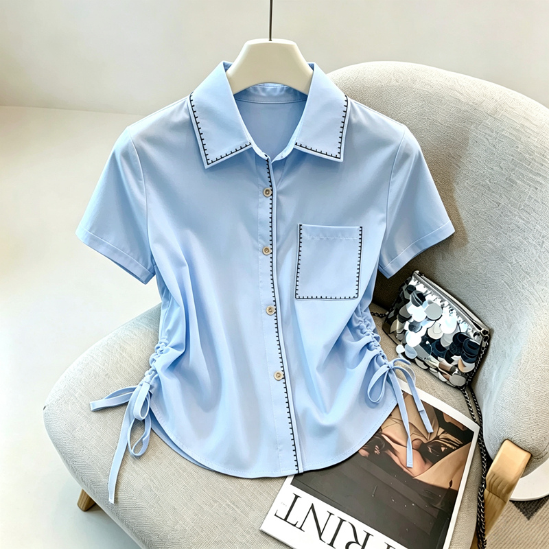 BY27273# 夏季新款简约休闲百搭双抽绳短袖衬衫女上衣宽松 服裝批發女裝批發服飾貨源