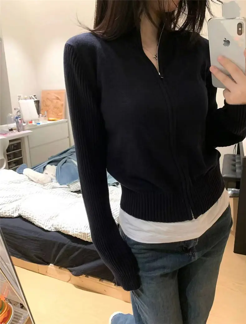 울 스탠드 칼라 지퍼 니트 카디건 상세 이미지 1