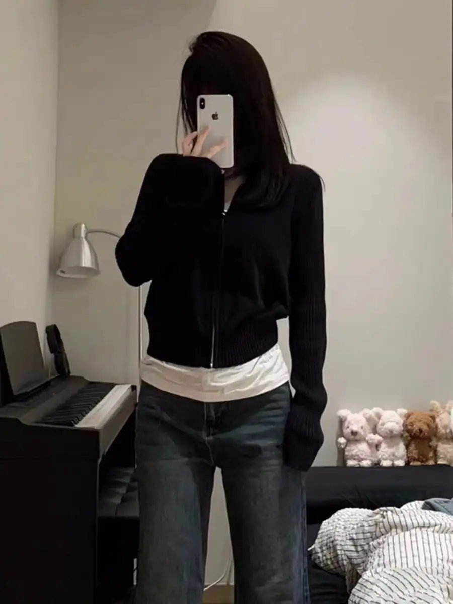 울 스탠드 칼라 지퍼 니트 카디건 상세 이미지 3