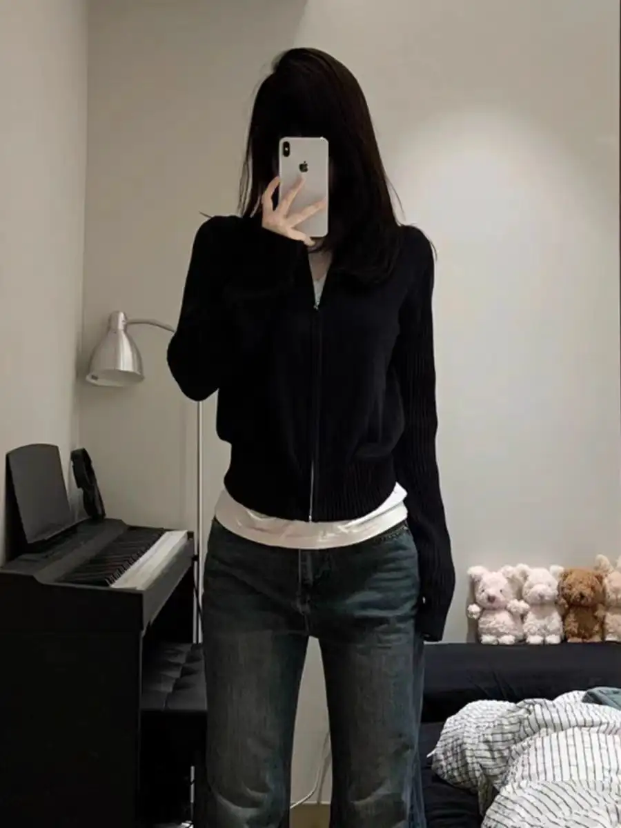 울 스탠드 칼라 지퍼 니트 카디건 상세 이미지 4