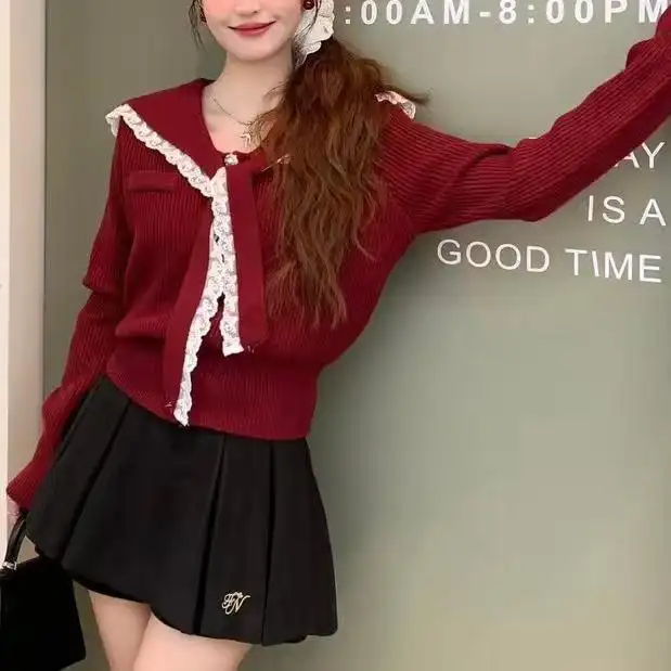 레이스 배색 폴드 칼라 니트 카디건 상세 이미지 2