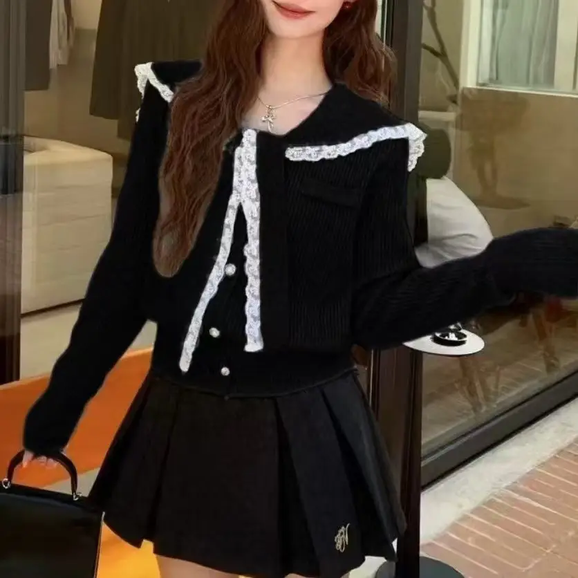 레이스 배색 폴드 칼라 니트 카디건 상세 이미지 6