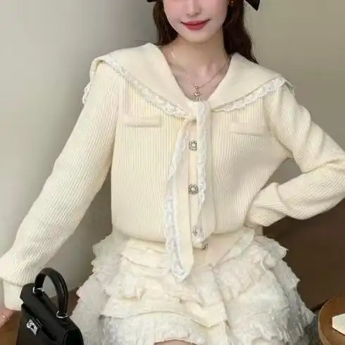 레이스 배색 폴드 칼라 니트 카디건 상세 이미지 7