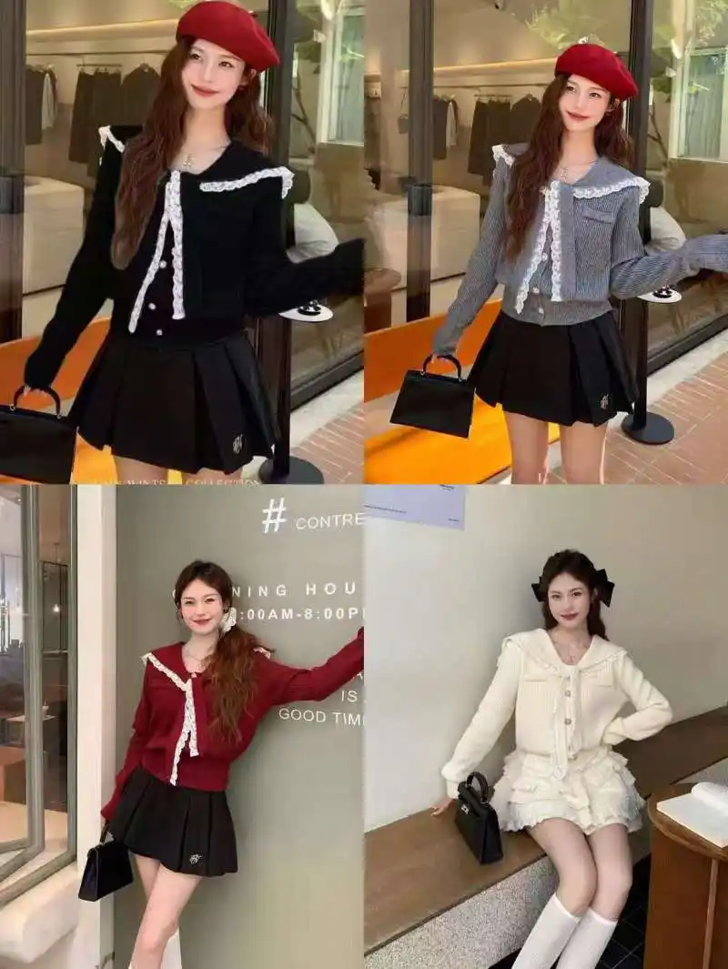 레이스 배색 폴드 칼라 니트 카디건 상세 이미지 9