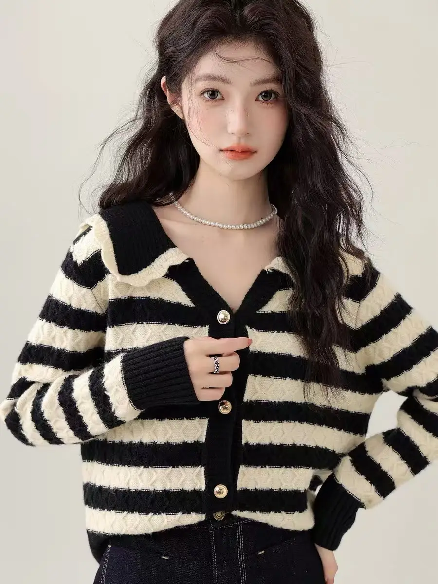 레트로 스트라이프 폴드 칼라 가디건 상세 이미지 1