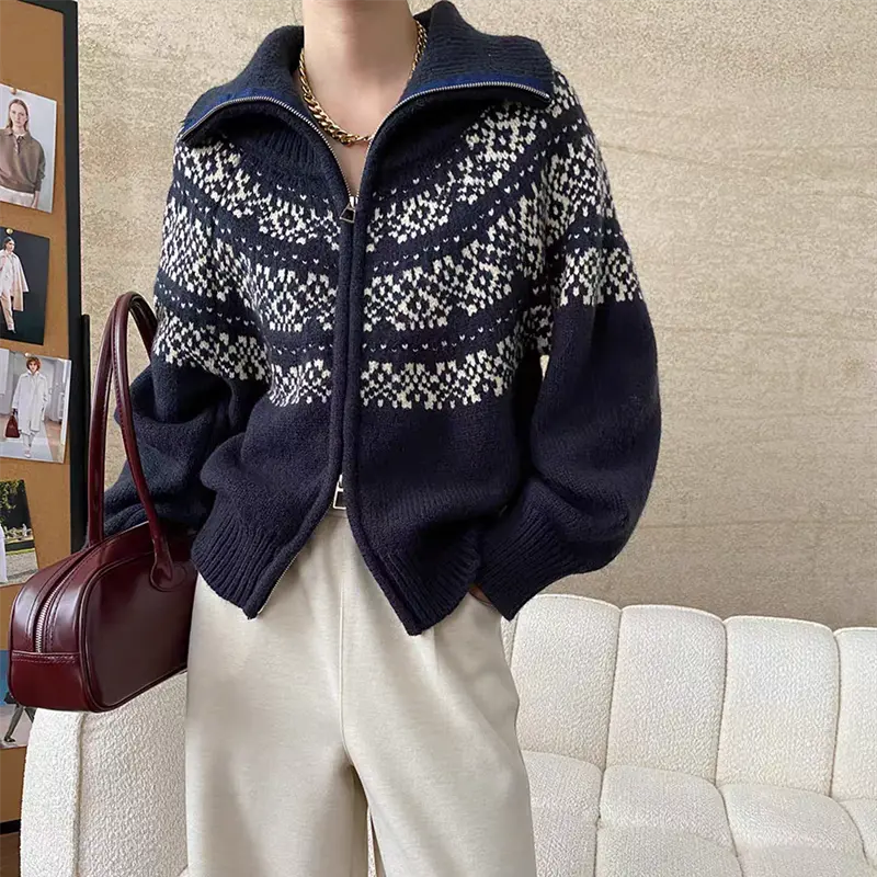 레트로 루즈핏 폴드 칼라 페어아일 가디건 상세 이미지 1