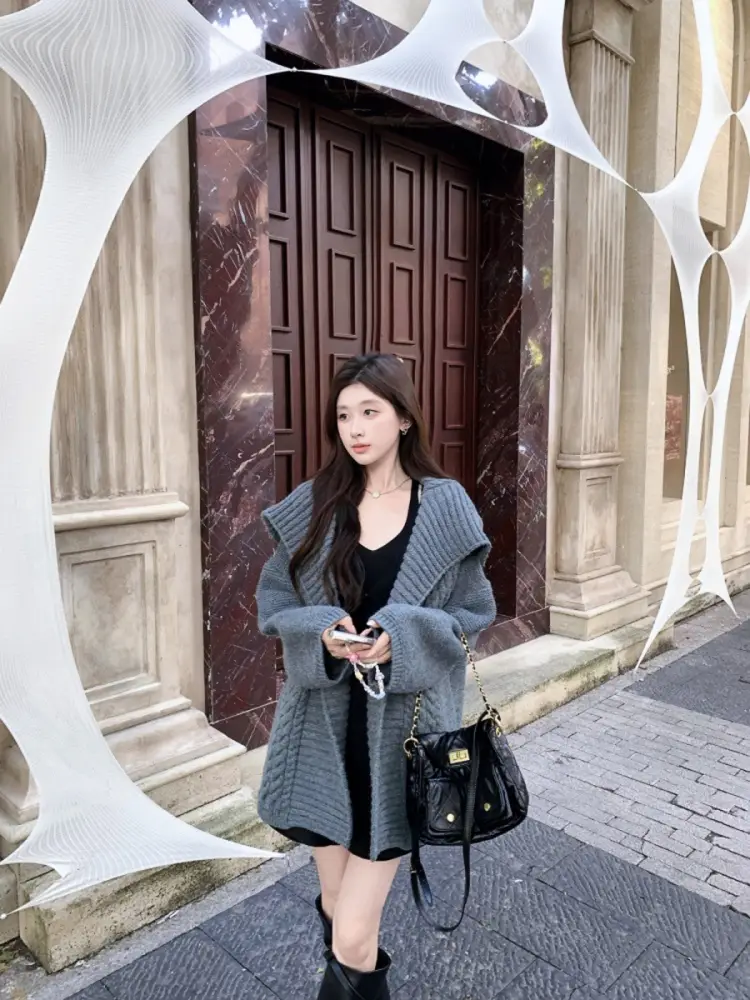 한국인기 폴드 칼라 꽈배기 니트 가디건 상세 이미지 11