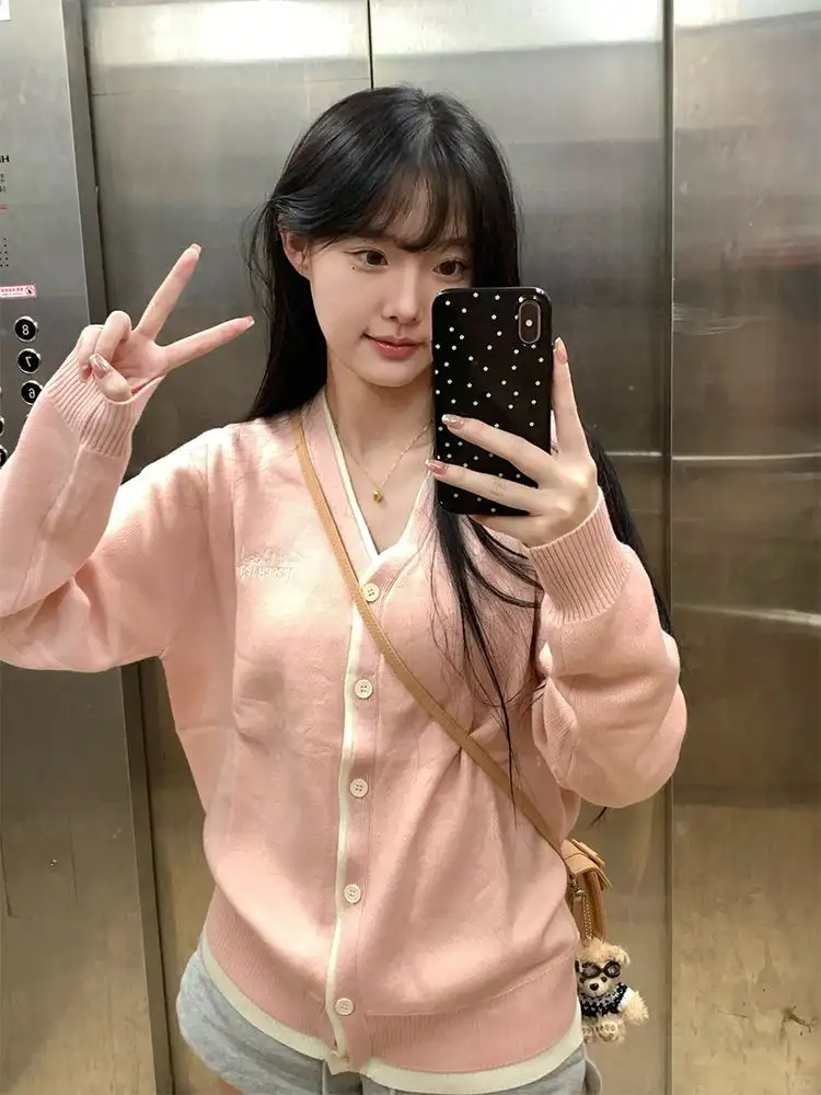 루즈핏 핑크 V넥 울 가디건 상세 이미지 1
