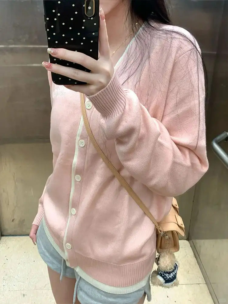 루즈핏 핑크 V넥 울 가디건 상세 이미지 5