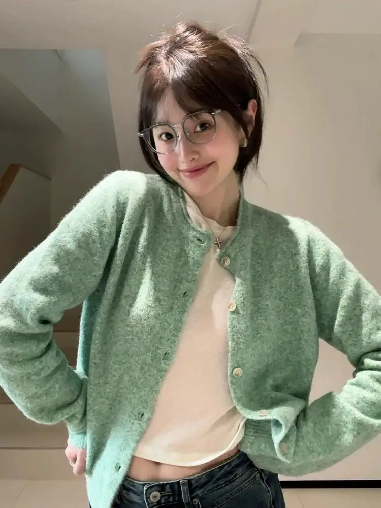 민트그린 라운드넥 울 가디건