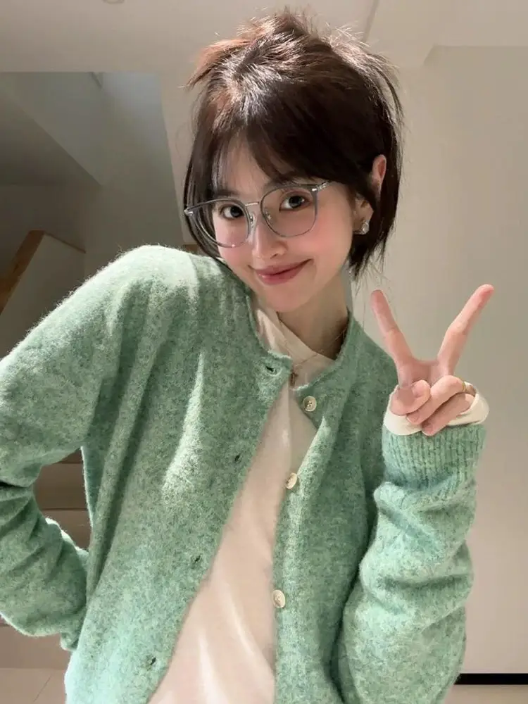 민트그린 라운드넥 울 가디건 상세 이미지 3