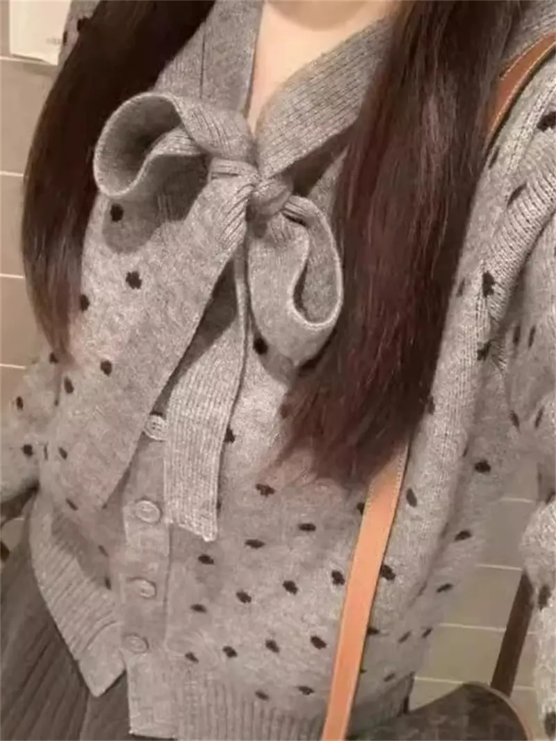 그레이 보타이 디테일 울 가디건 상세 이미지 2