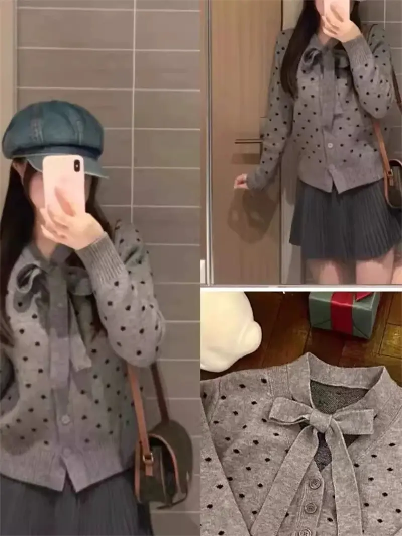 그레이 보타이 디테일 울 가디건 상세 이미지 3