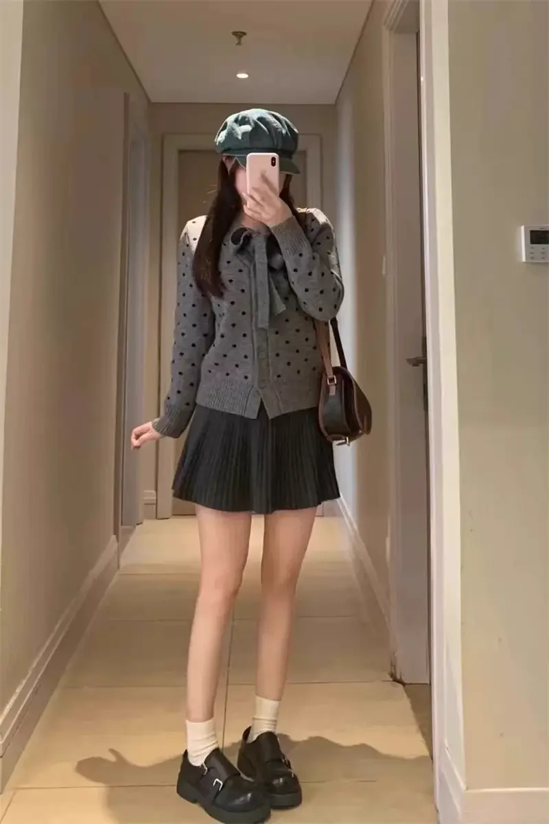 그레이 보타이 디테일 울 가디건 상세 이미지 6