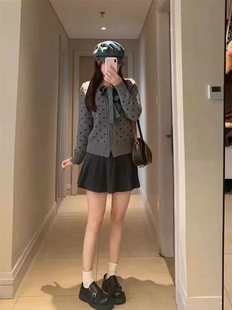 그레이 보타이 디테일 울 가디건 상세 이미지 9