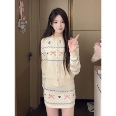 批发甜美慵懒风费尔岛毛衣套装<b class='q'>女</b>春秋复古提花针织<b class='q'>开衫</b>半身短裙两件套