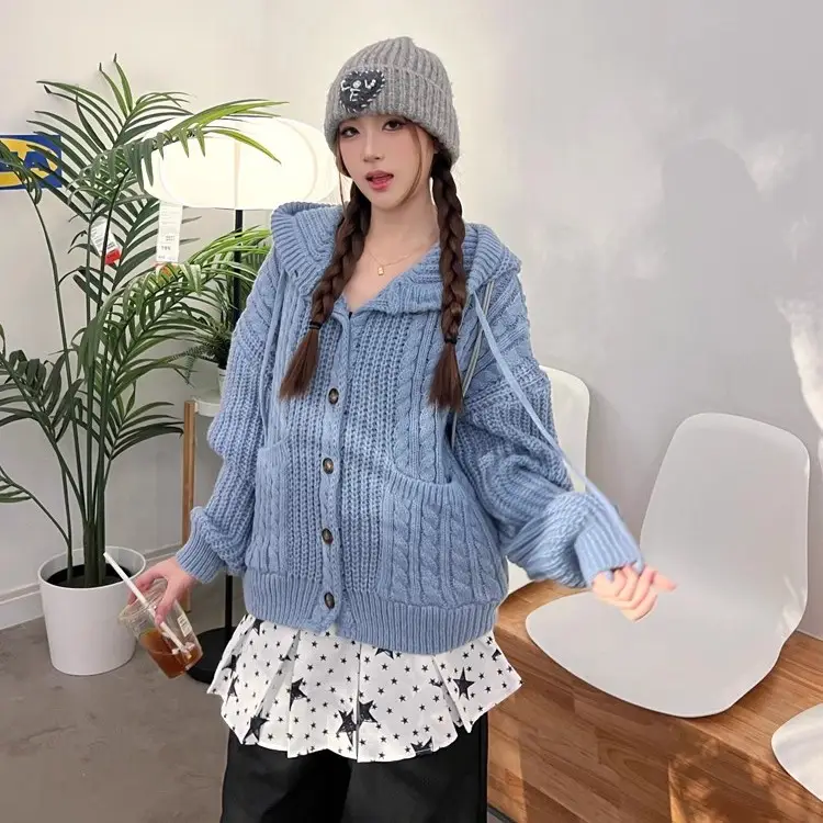 한국인기 루즈핏 꽈배기 후드 가디건 상세 이미지 4