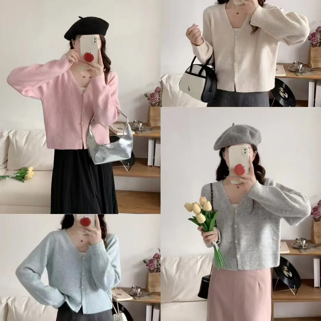 V넥 단추 가디건 울 니트 상세 이미지 5