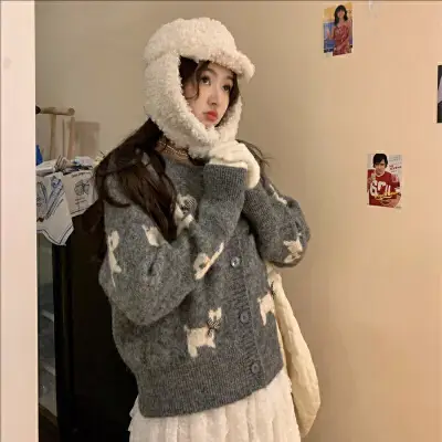 러블리 자카드 리본 강아지 니트 가디건 상세 이미지 1
