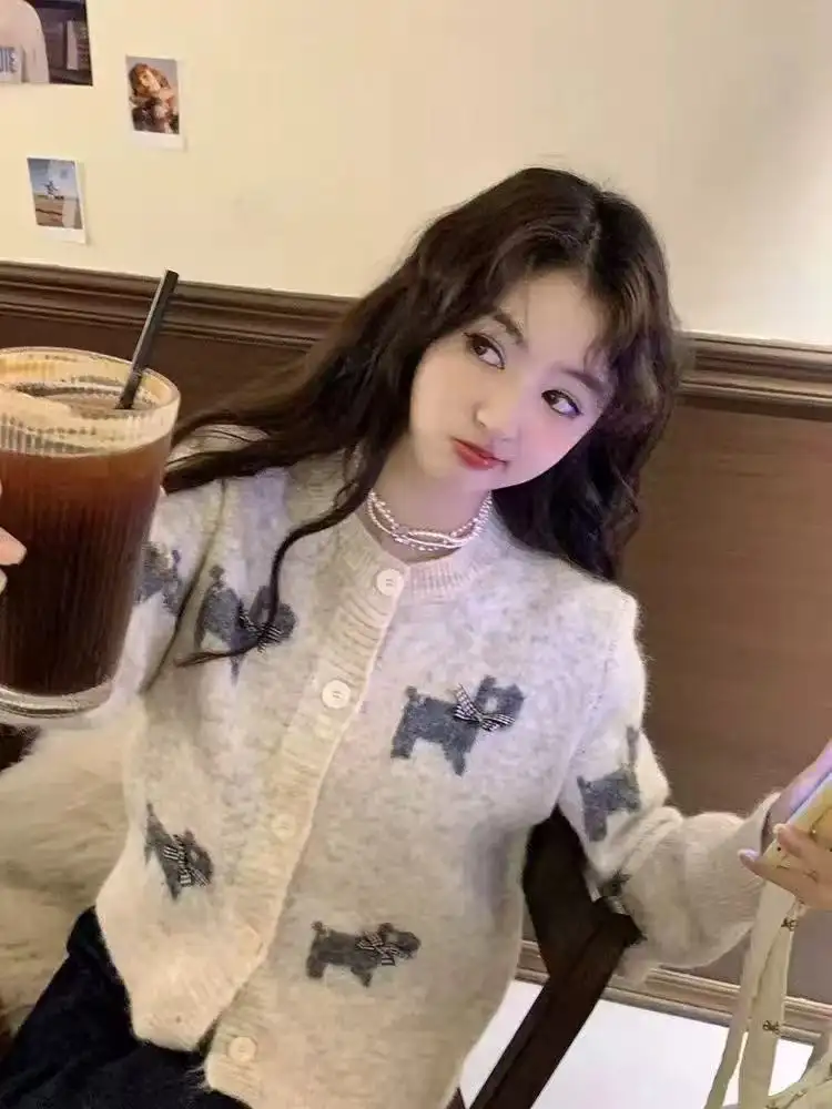 러블리 자카드 리본 강아지 니트 가디건 상세 이미지 4
