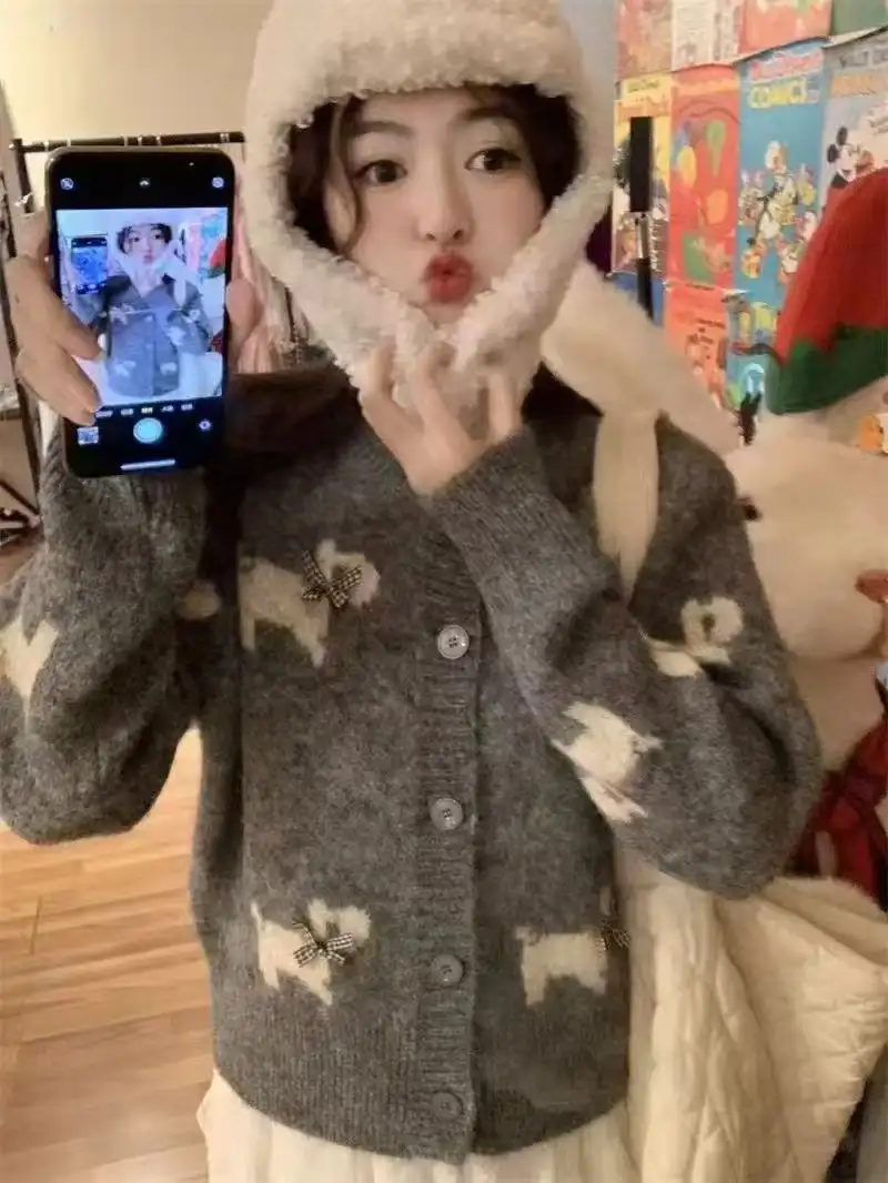 러블리 자카드 리본 강아지 니트 가디건 상세 이미지 7