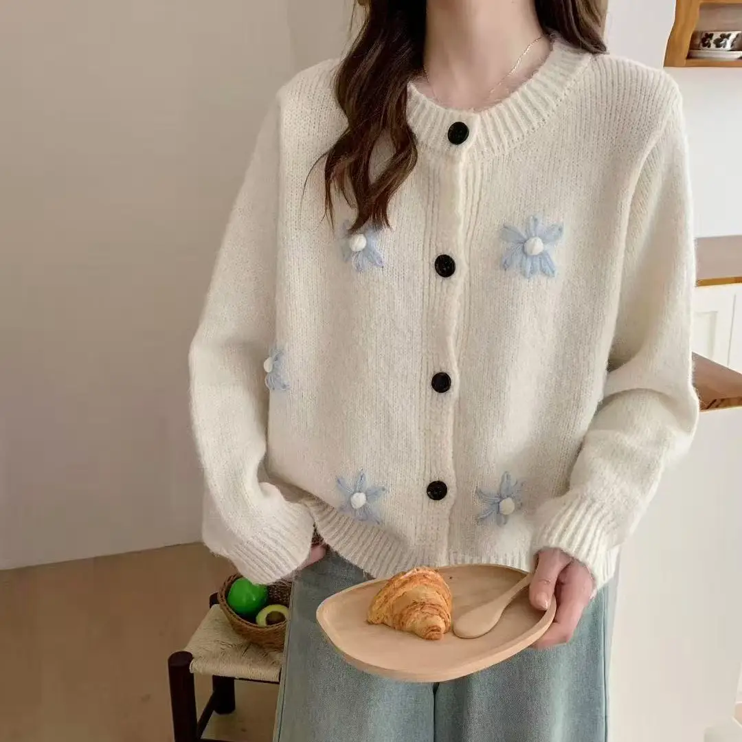 한국인기 입체 뜨개질 라운드넥 가디건 상세 이미지 1