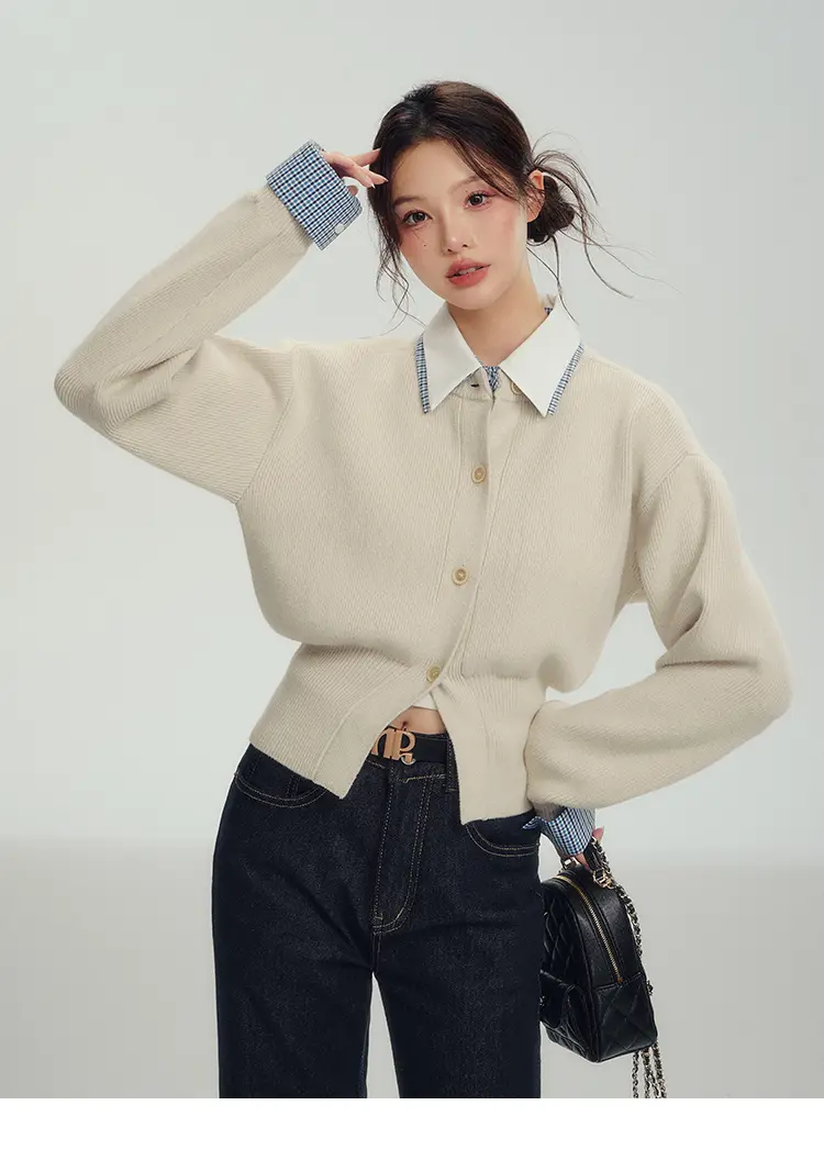 프렌치 폴로 칼라 체크 가디건 상세 이미지 1