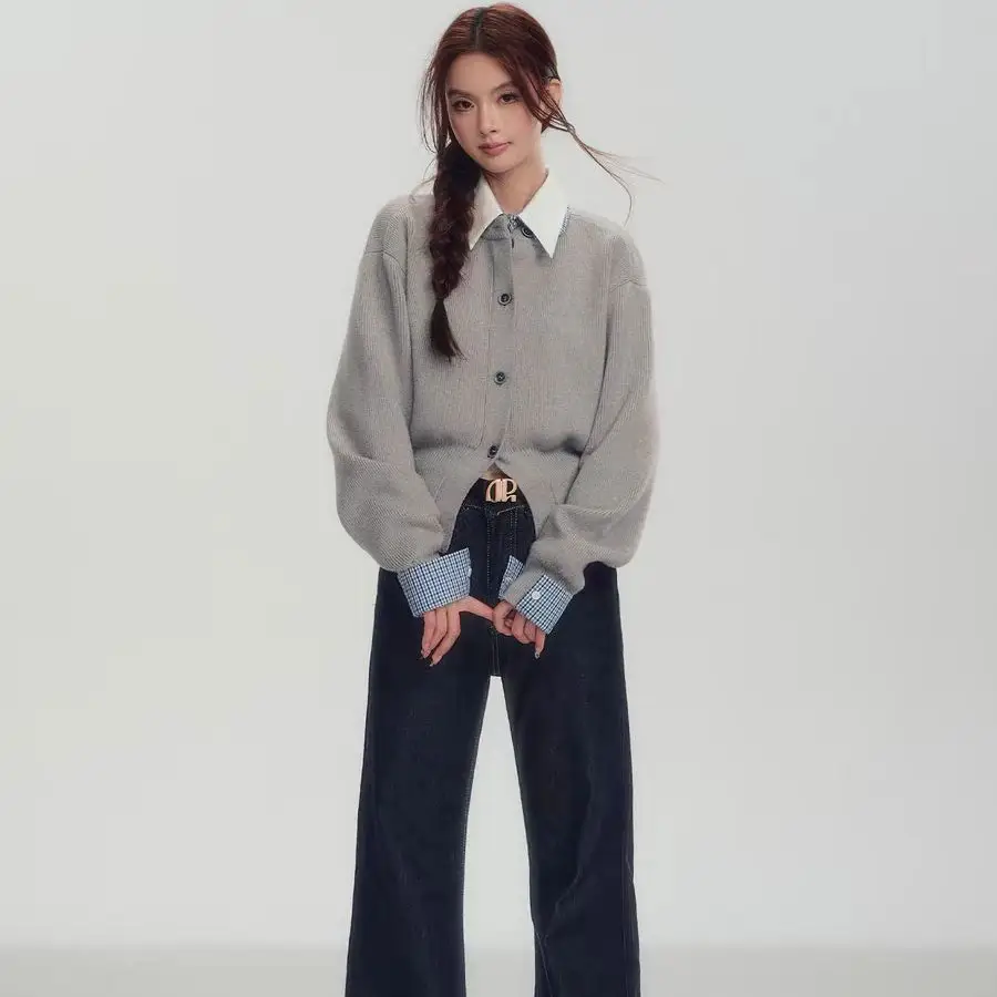 프렌치 폴로 칼라 체크 가디건 상세 이미지 3