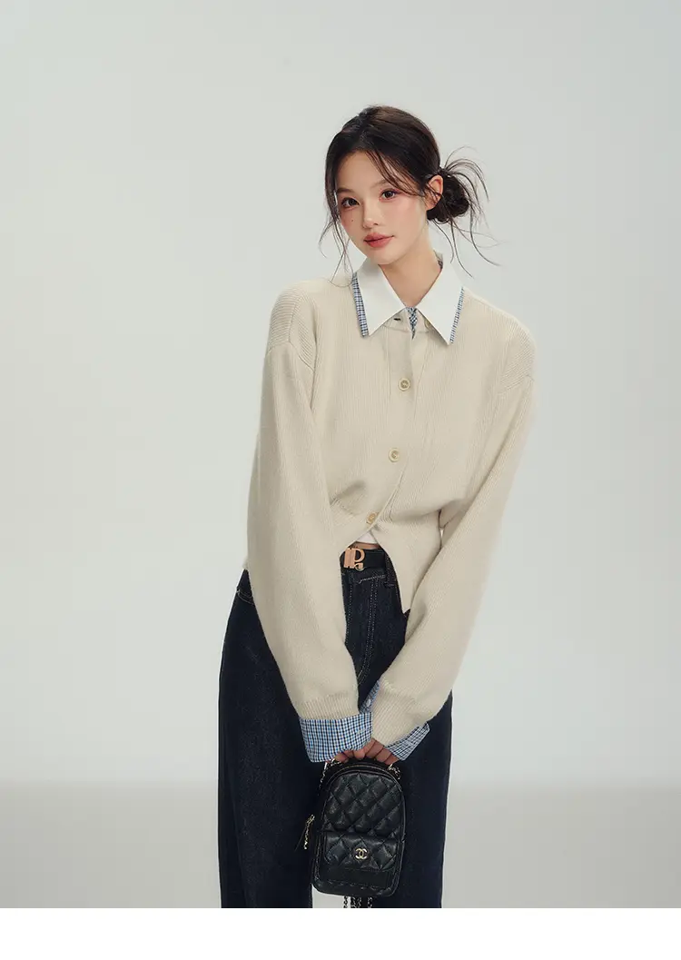 프렌치 폴로 칼라 체크 가디건 상세 이미지 4